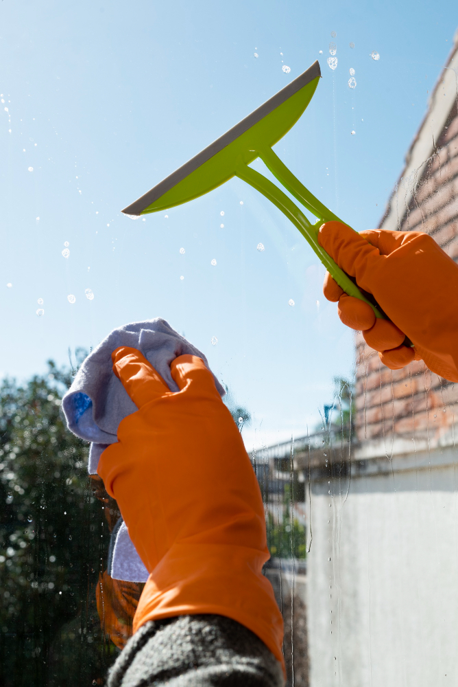 Sử dụng dung dịch vệ sinh cửa sổ để làm sạch bụi bẩn bám trên kính